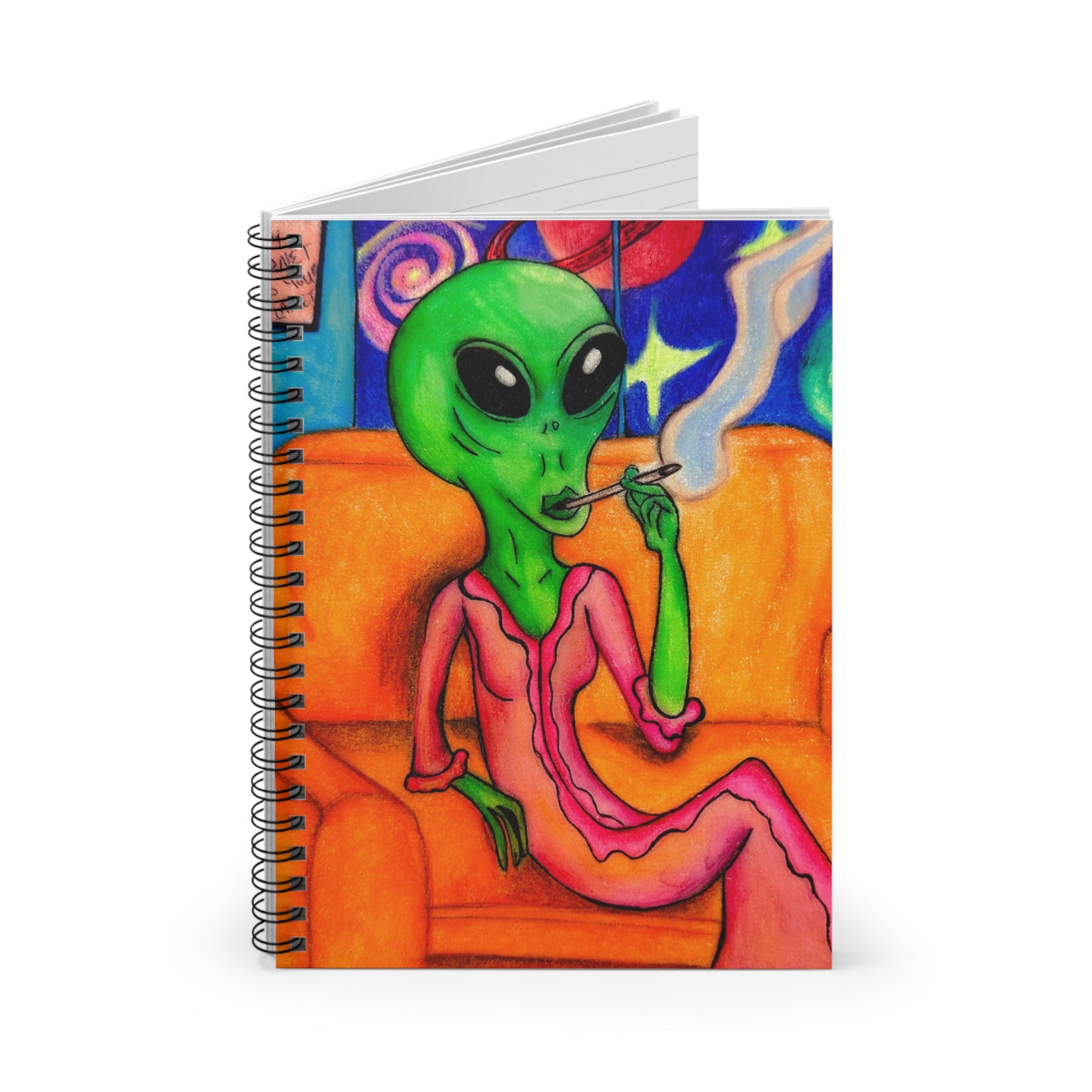 Alien Lounge Spiral Notebook — Retro Green Alien Art Ruled Notebook